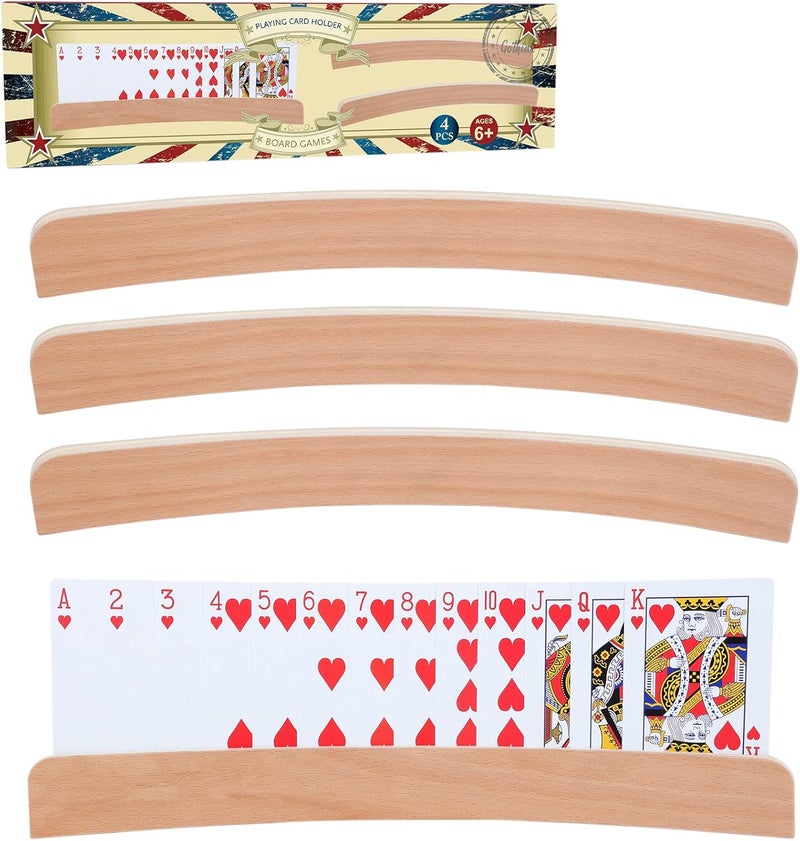 GOTHINK Set of 4 - Wood Curved Playing Card Holder for Kids Adult Seniors Solid Wood Cards Holders for Playing Cards 13.4 x1.4 x 0.5 Inch Non Slip Card Deck for Bridge Canasta Strategy Card Games - Image 1